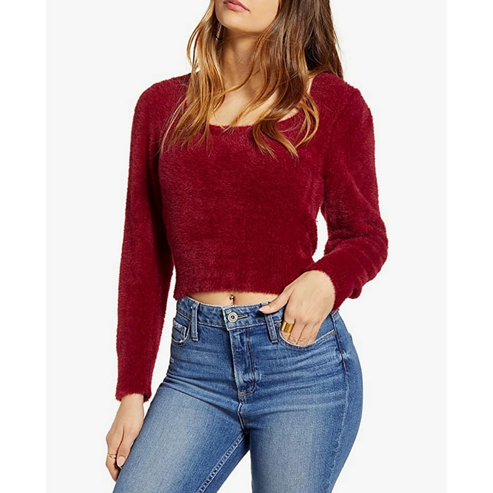 ASTR The Label Long Sleeve Square Neck Fuzzy Sweater Womens Small - Picture 1 of 5